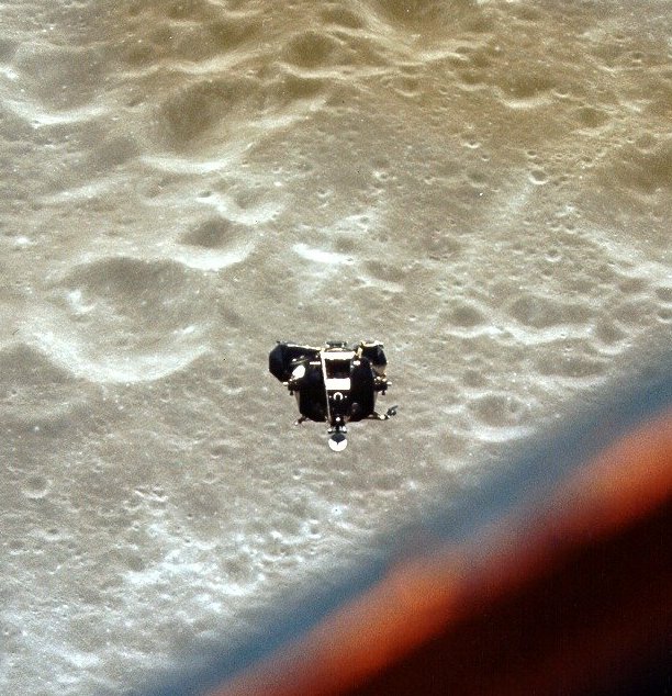 Figure 2 — A Lunar Module descent stage in flight, engine bell beneath, in the configuration flown during powered descent. File:Apollo 10 Lunar Module.jpg by unknown author. License: Public domain.…