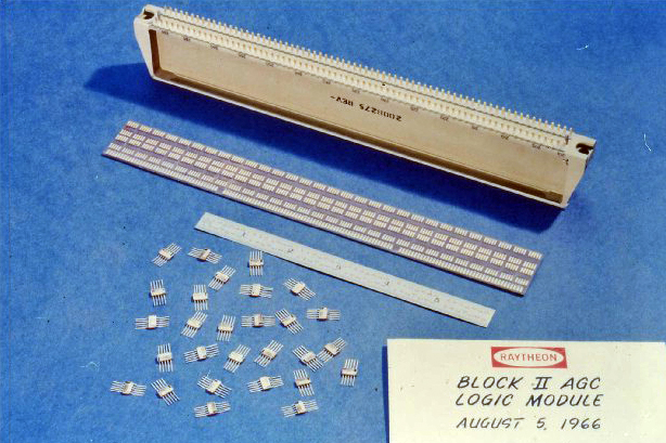 Figure 3 — A Block II Apollo Guidance Computer logic module, photographed at Raytheon on 5 August 1966, with the dual three-input NOR-gate integrated circuits that made up its logic spread out besi…
