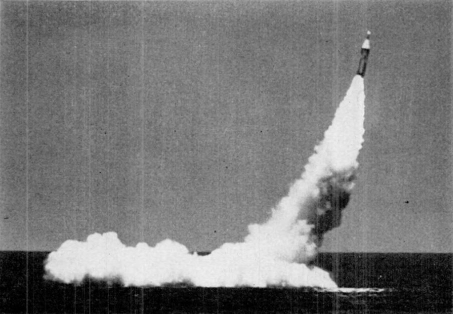 Figure 2 — The first submerged launch of a Polaris missile, from USS George Washington, July 1960. The Instrumentation Laboratory's self-contained inertial guidance for Polaris proved it could deli…