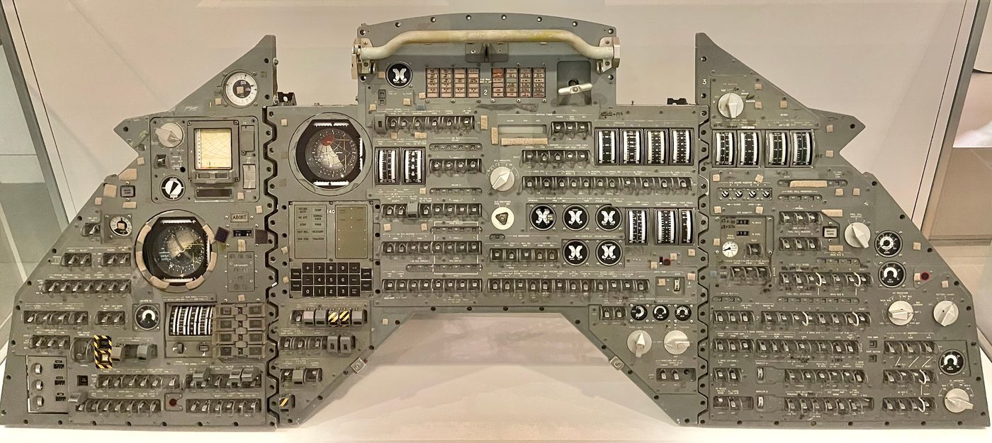 Figure 2 — A Command Module main display console, with a DSKY set into the instrument panel at the crew's fingertips. File:Apollo Command Module instrument deck.jpg by Steve Jurvetson. License: CC …