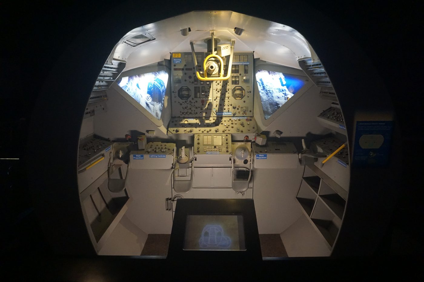 Figure 3 — The cramped Lunar Module cockpit: the DSKY sat between the two crew stations, within reach of both standing astronauts. Photo: File:Space Center Houston March 2022 07 (Apollo Lunar Modul…
