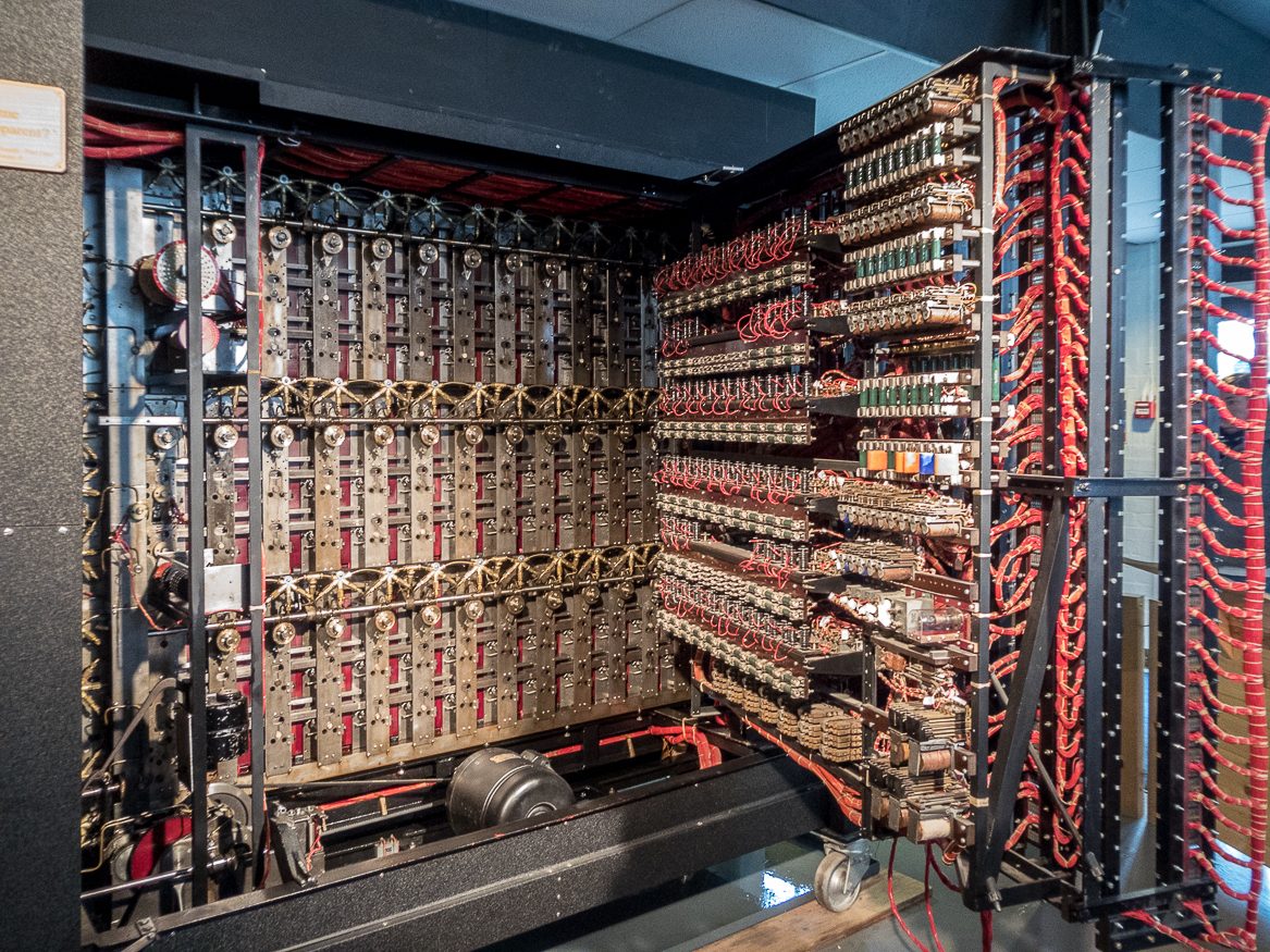 Figure 4 — A working rebuild of the British Bombe at Bletchley Park. The original machines mechanised the search for each day's Enigma settings, testing candidate configurations far faster than any…