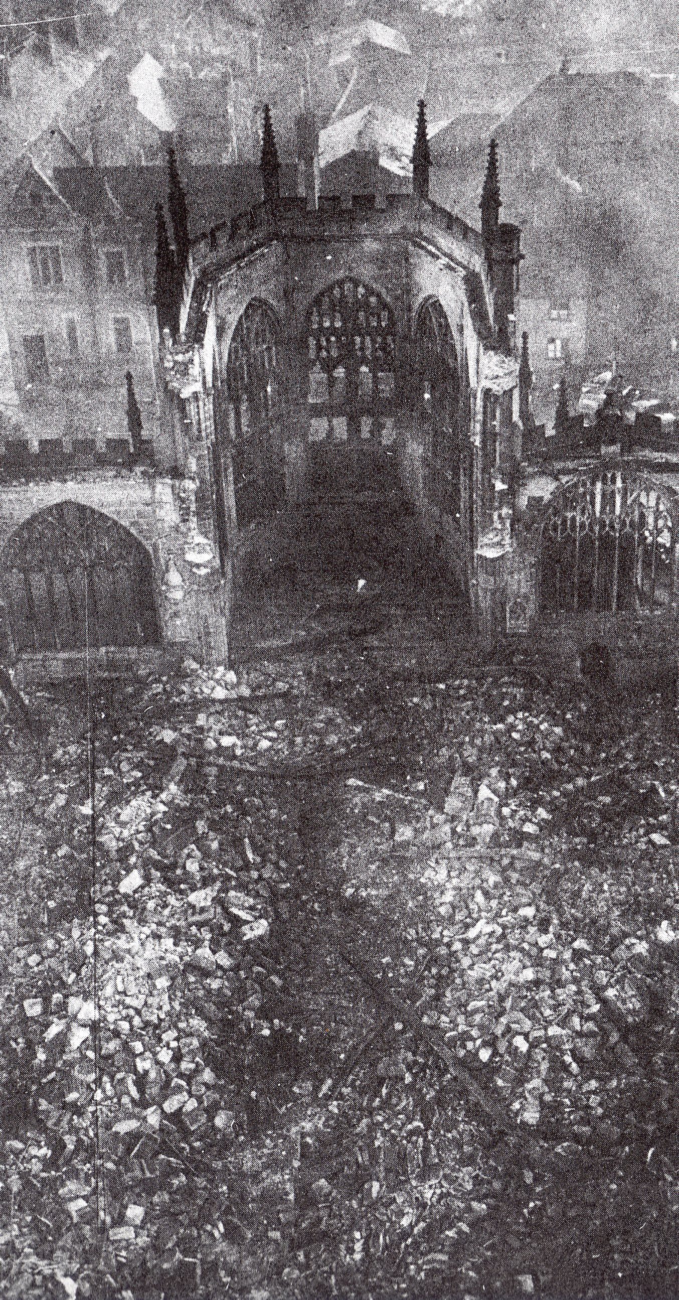 Figure 3 — The gutted shell of Coventry Cathedral after the raid of 14 November 1940. The legend that Churchill foresaw and permitted this raid to protect Ultra is false. Photo: File:Coventry Cathe…