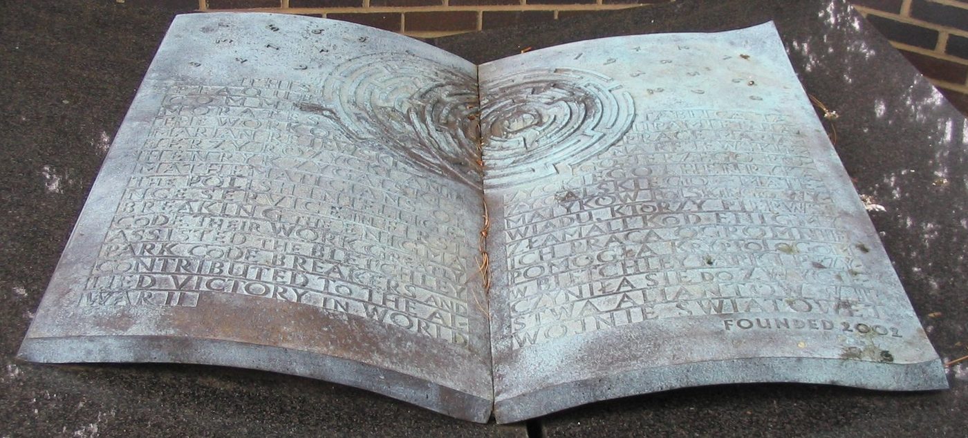 Figure 5 — Memorial plaque at Bletchley Park honouring Rejewski, Różycki, and Zygalski, "who first broke the Enigma code." File:Bp-polish-codebreakers-plaque.jpg by unknown author. License: CC BY-S…