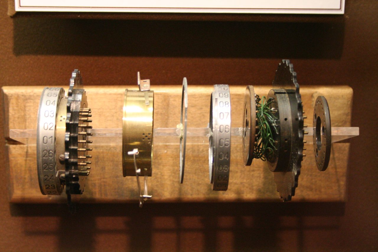Figure 2 — An Enigma rotor showing the internal cross-wiring that scrambles one letter to another; reconstructing this wiring without ever seeing a military machine was Rejewski's landmark achievem…